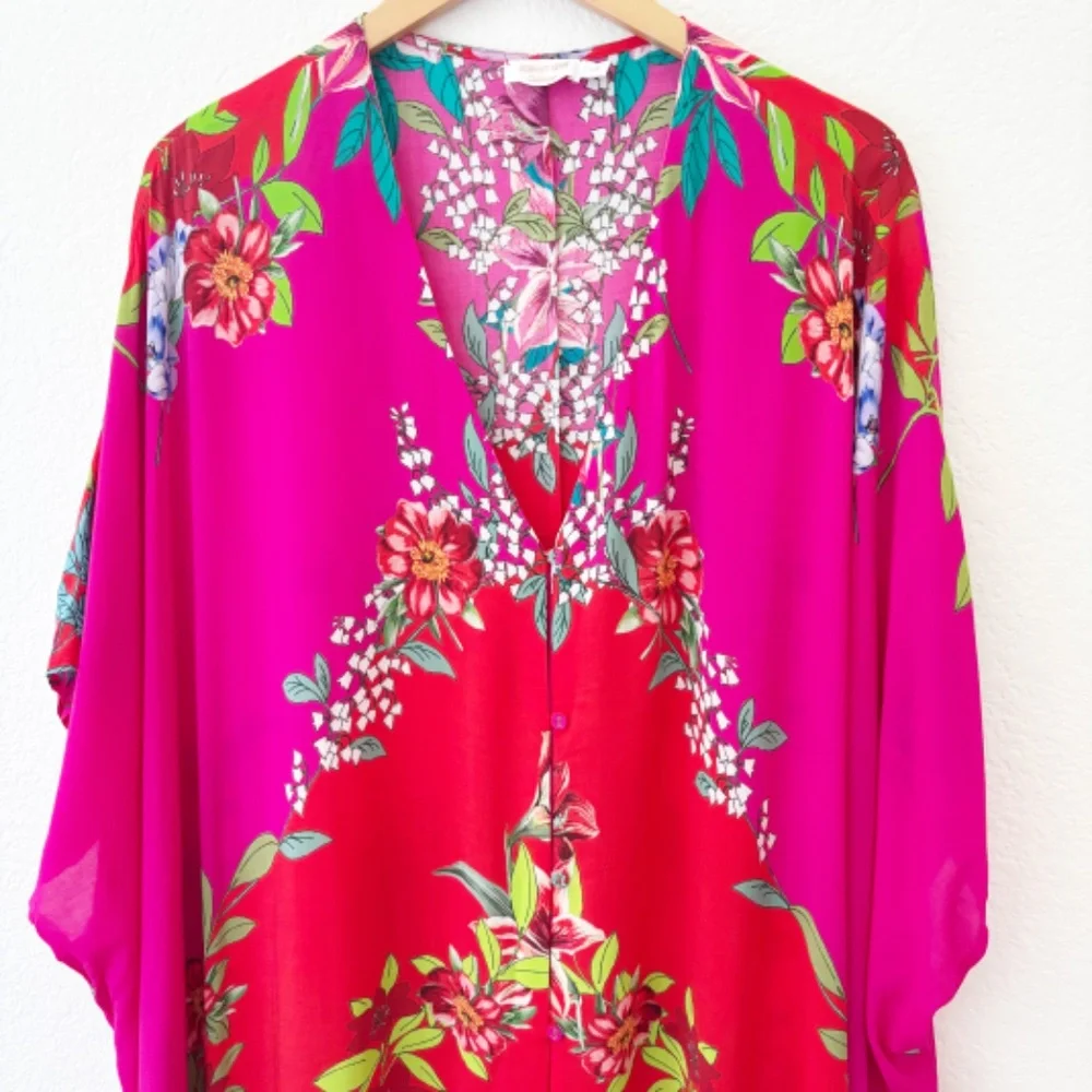 Johnny Was Nanya V-Neck Oversized Floral Print Maxi Kaftan in Red Blush Sz L/XL - Picture 3 of 12